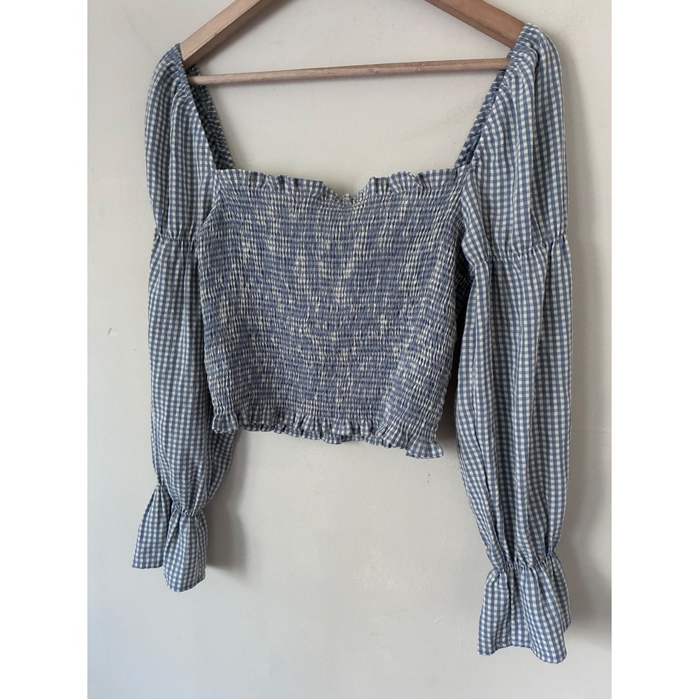 Lumiere Blue Gingham Smocked Crop Top Puff Sleeve Coquette Small